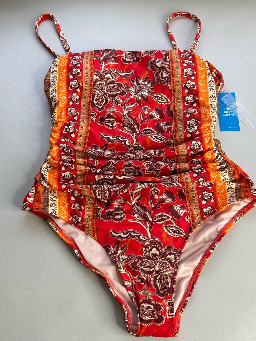 Cupshe Womens One Piece Swimsuit Medium Floral Red Orange Beige Color New